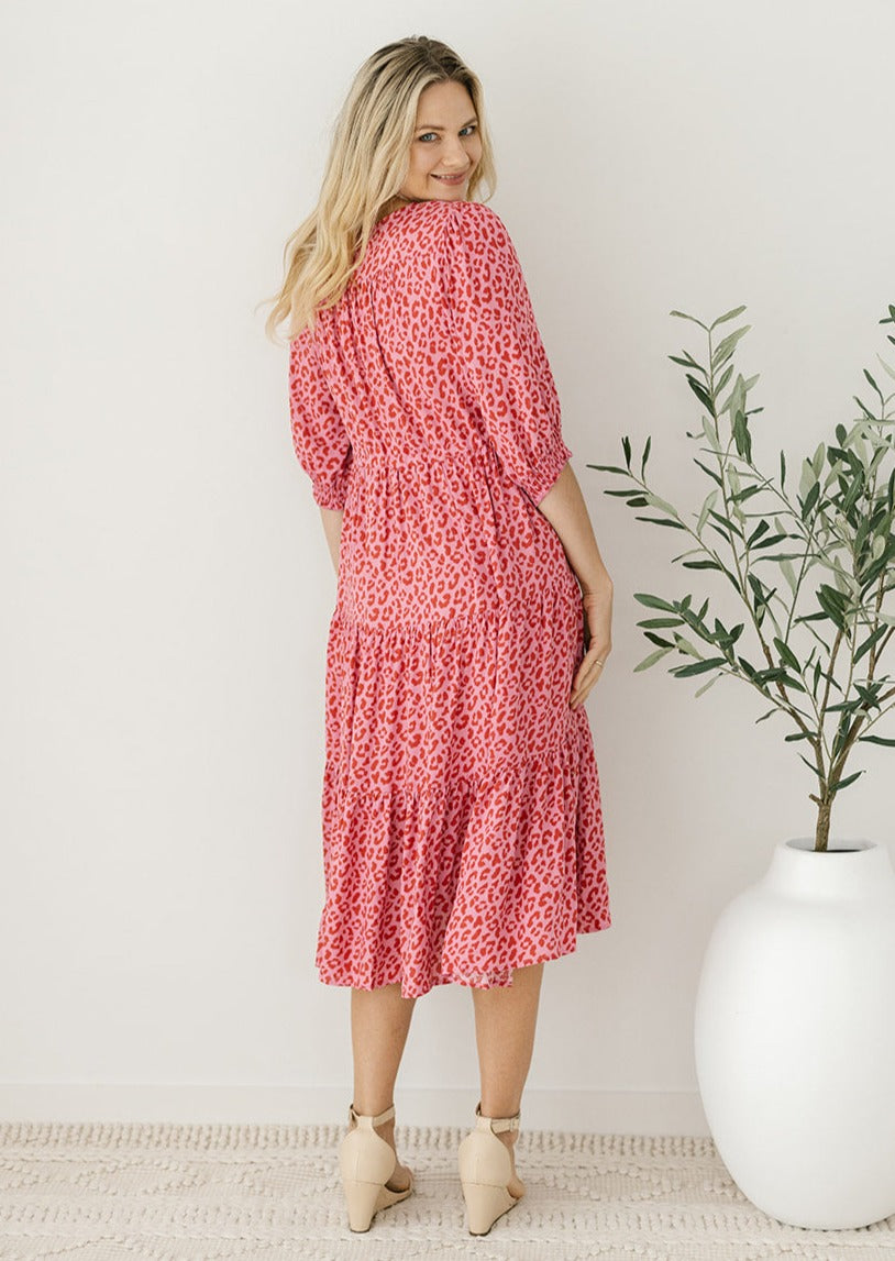 drawstring midi length leopard print dress