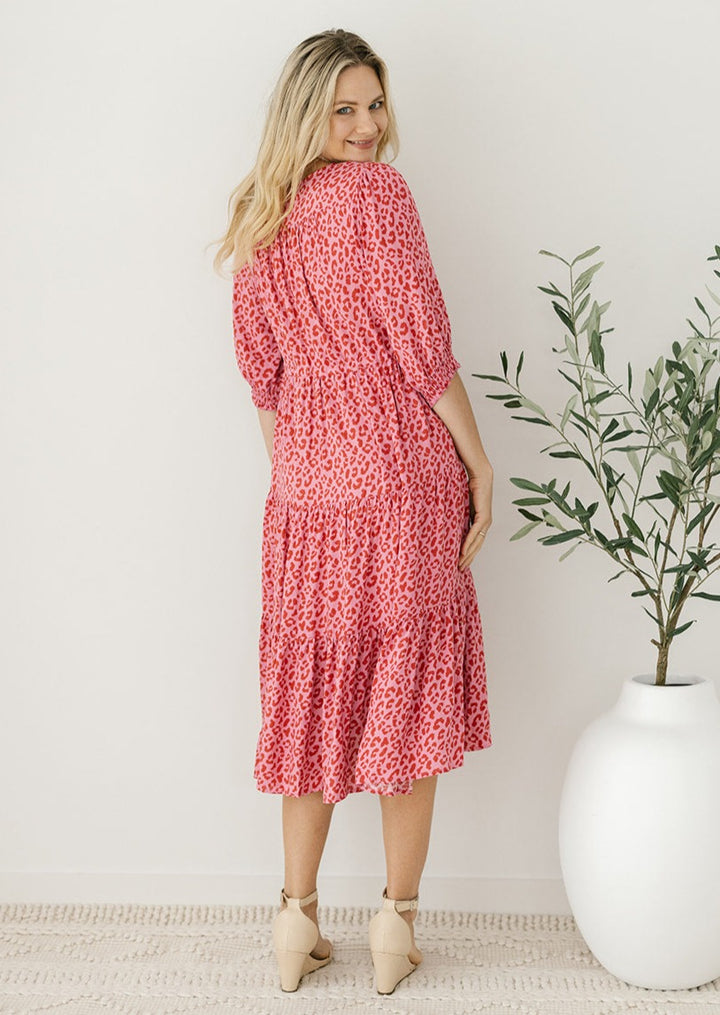 drawstring midi length leopard print dress