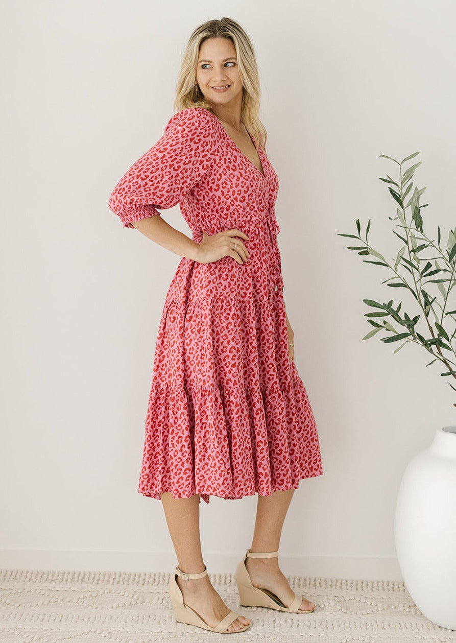 bump-friendly pink leopard print dress
