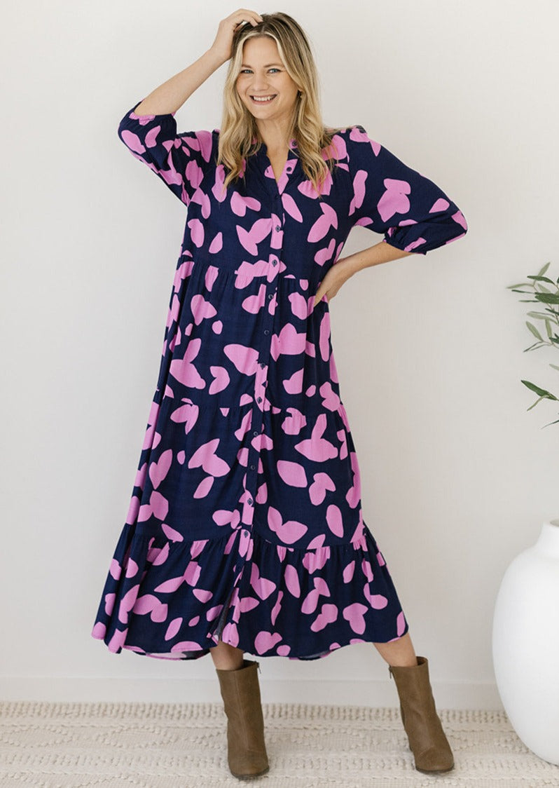 button-down smock-style midi dress with 3/4 length sleeves
