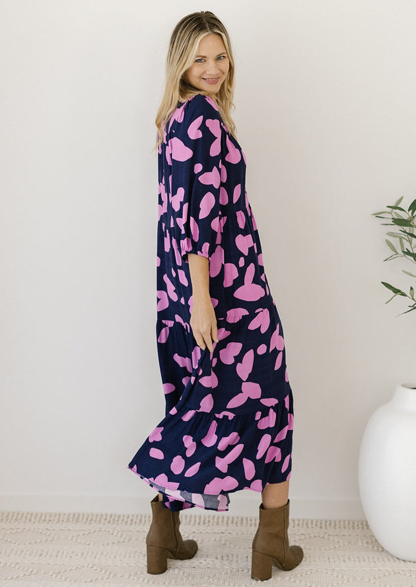 ladies button-down abstract-print smock midi dress with pockets