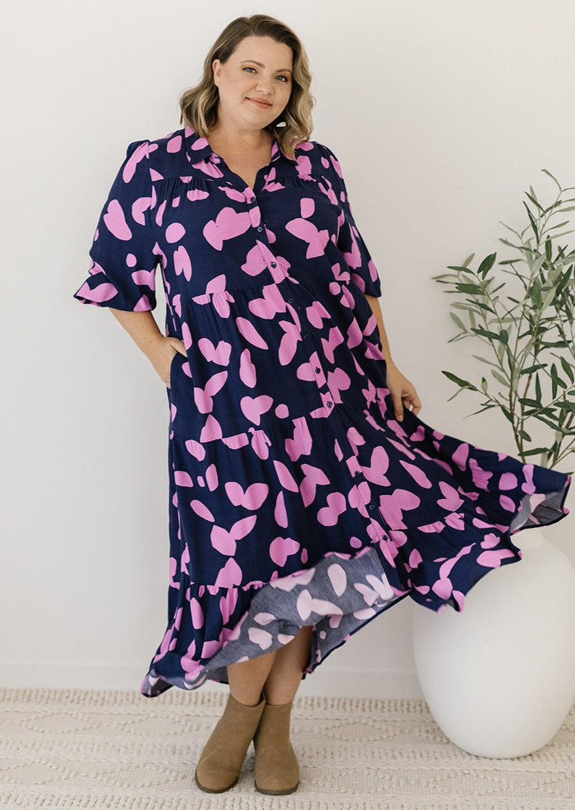 women's plus-size navy and pink button-down midi dress 