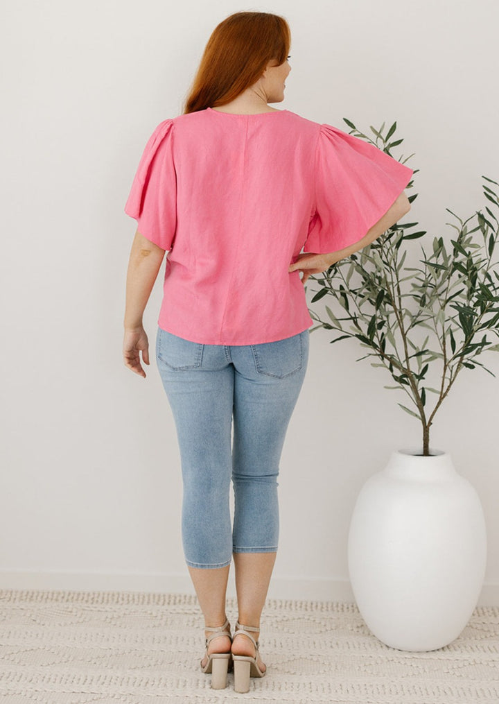 Pink linen top with floaty sleeves