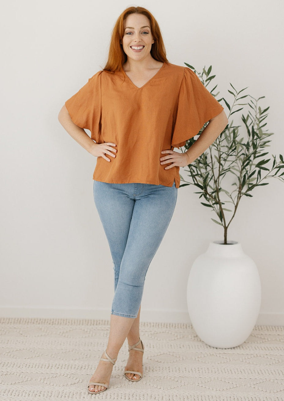 linen top with flutter sleeves