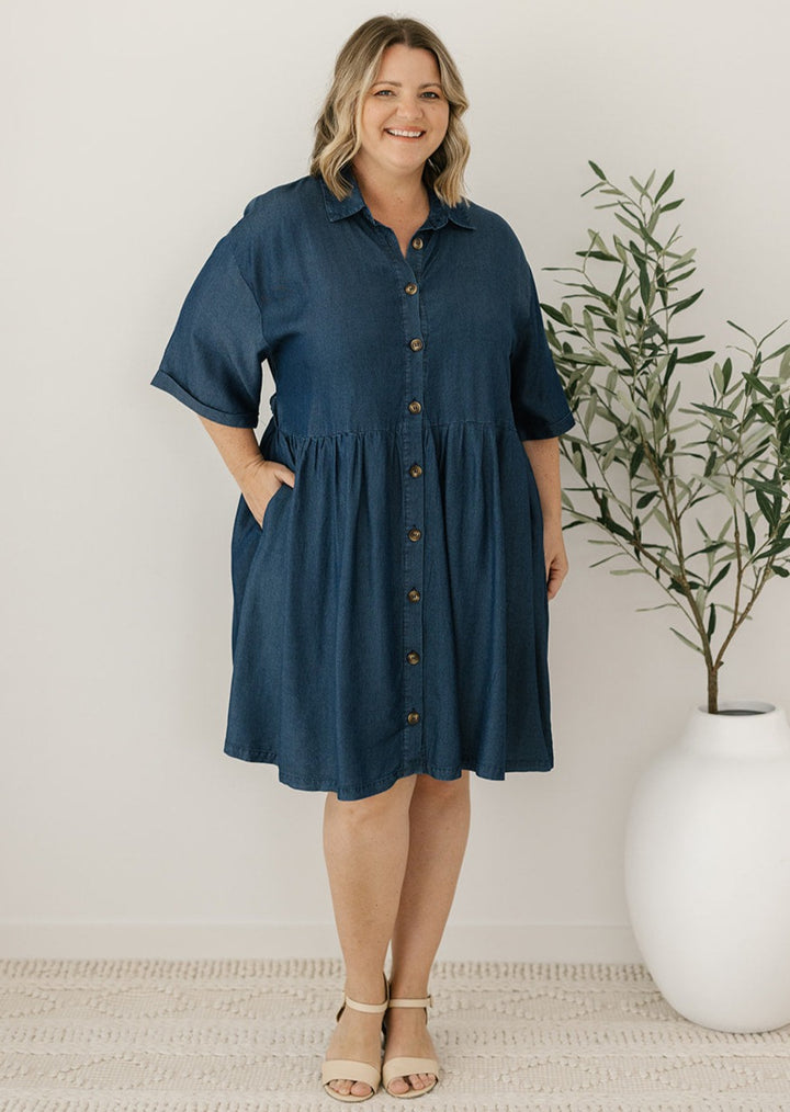 button-down denim knee-length dress with pockets
