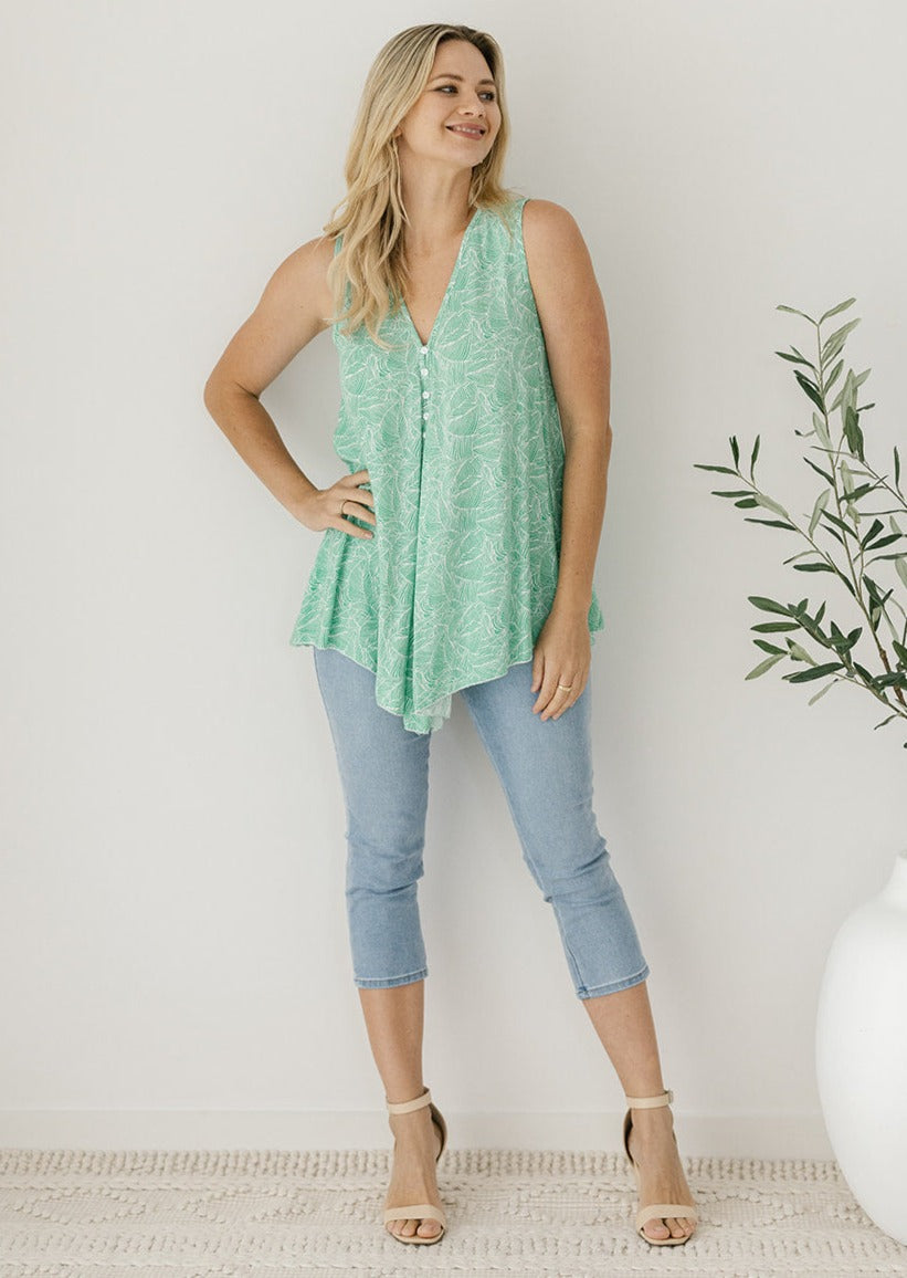 Green and white leaf flowy top