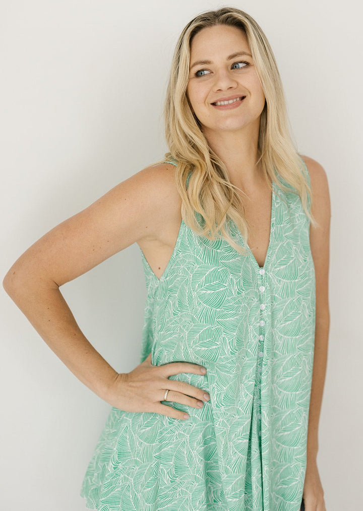 Green and white leaf flowy top