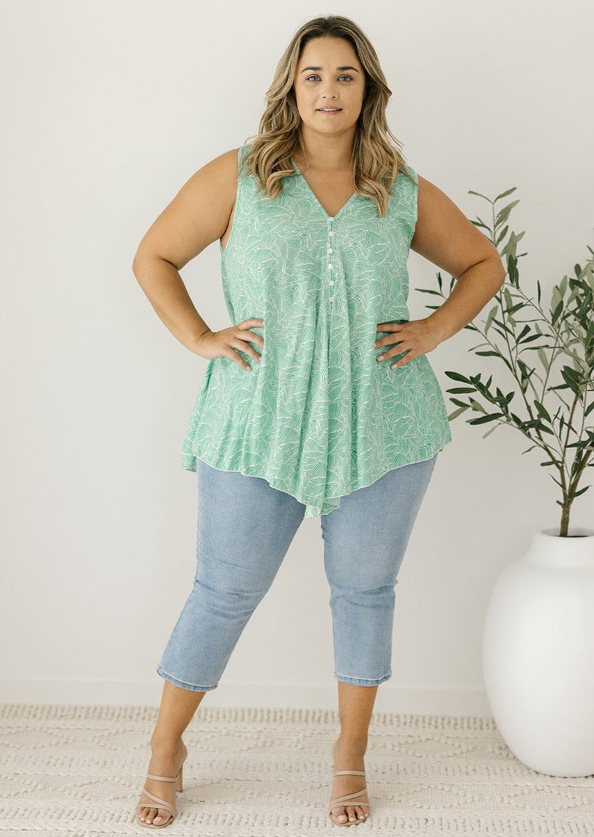 Green and white leaf flowy top