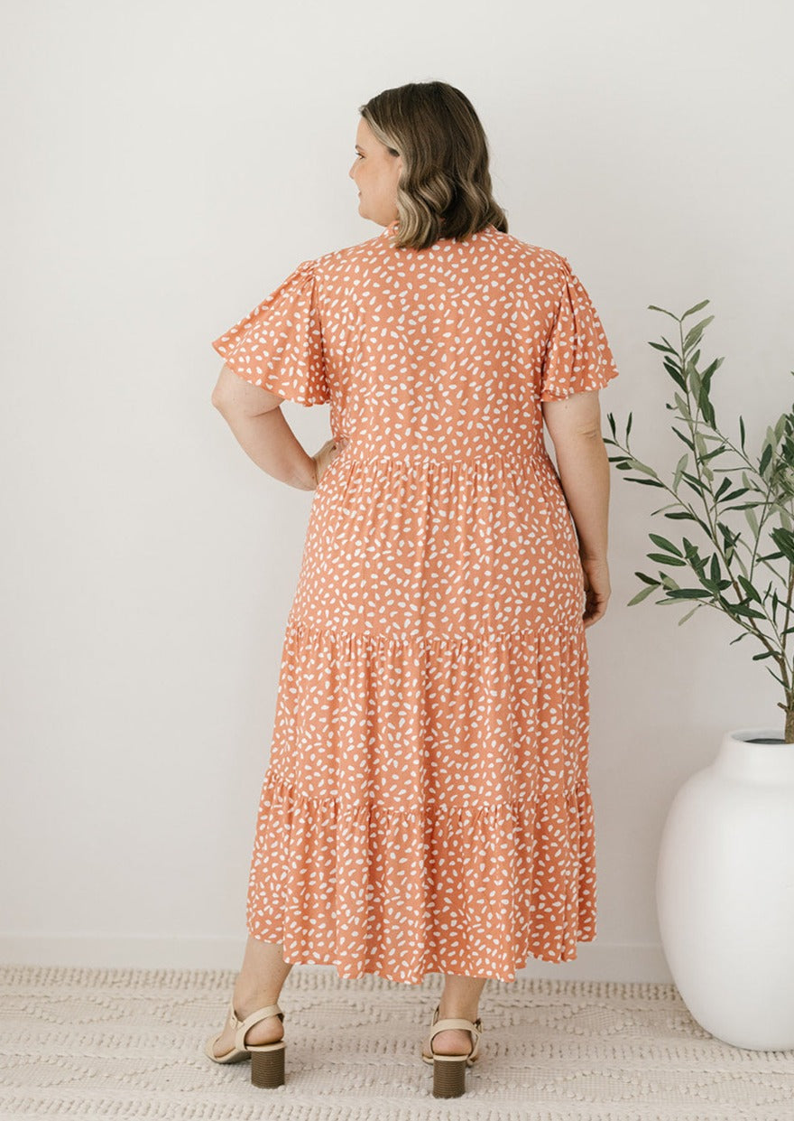 abstract peach smock-style summer midi dress
