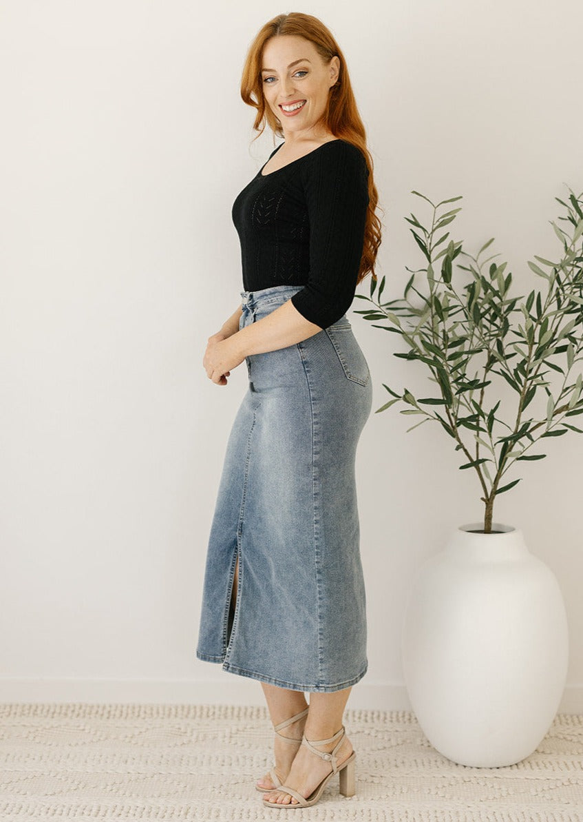 stretchy midi-length denim skirt with front split