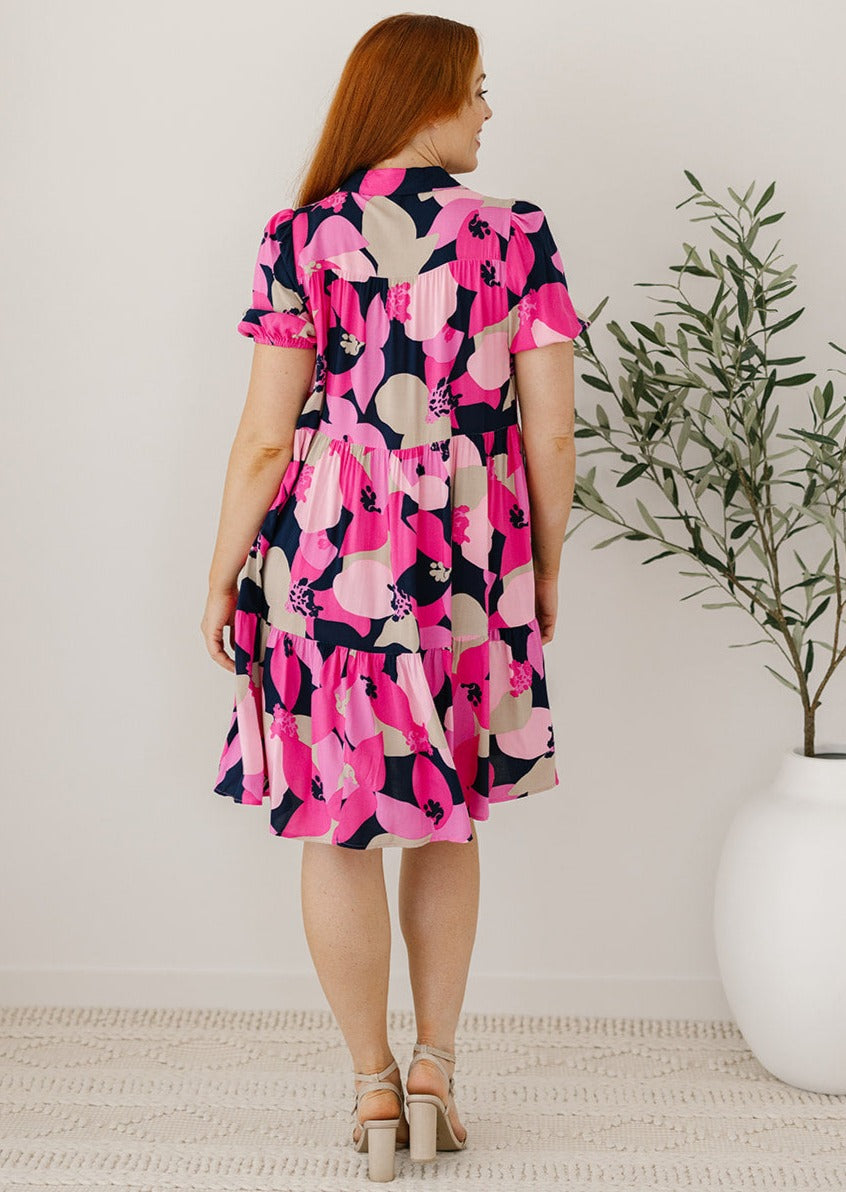 pink abstract post-partum friendly shirt dress
