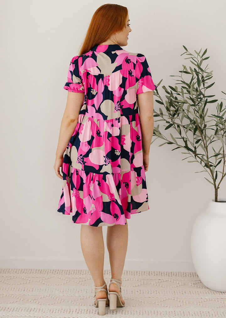 pink abstract post-partum friendly shirt dress