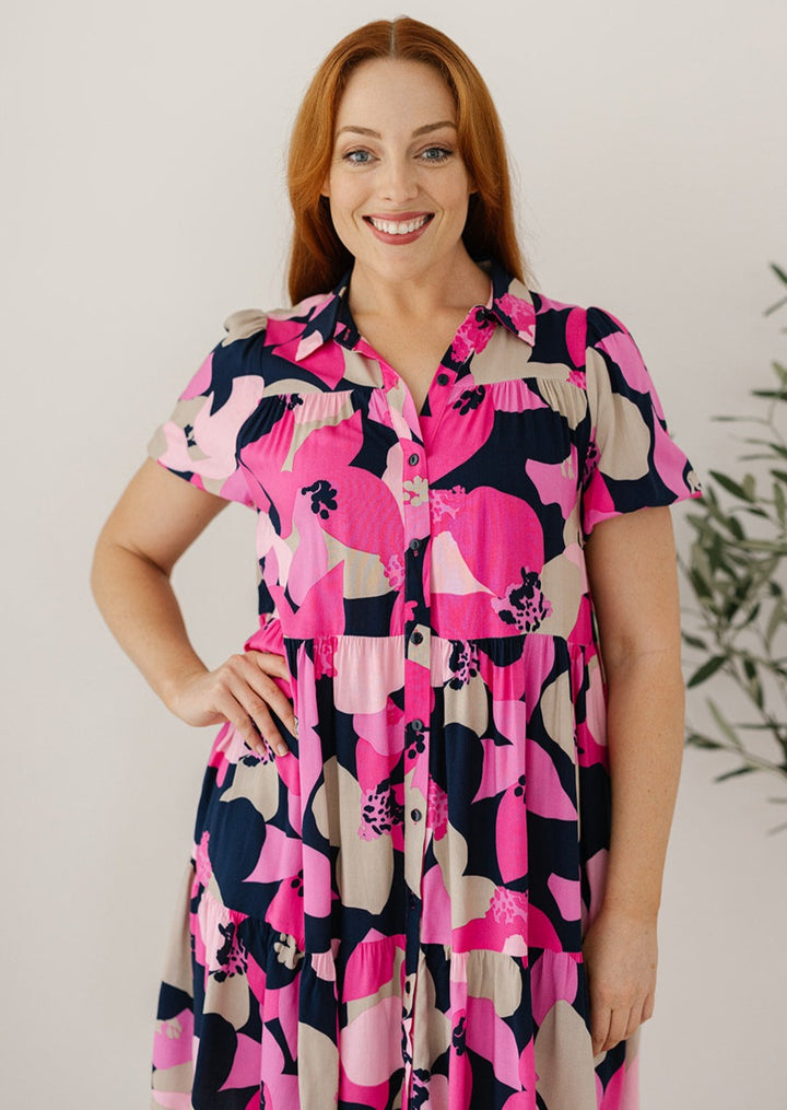pink knee-length shirt dress for women over 40