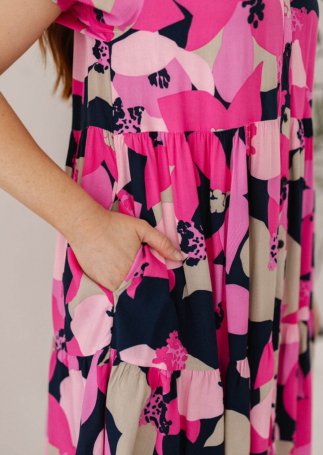 pink abstract knee-length dress with pockets