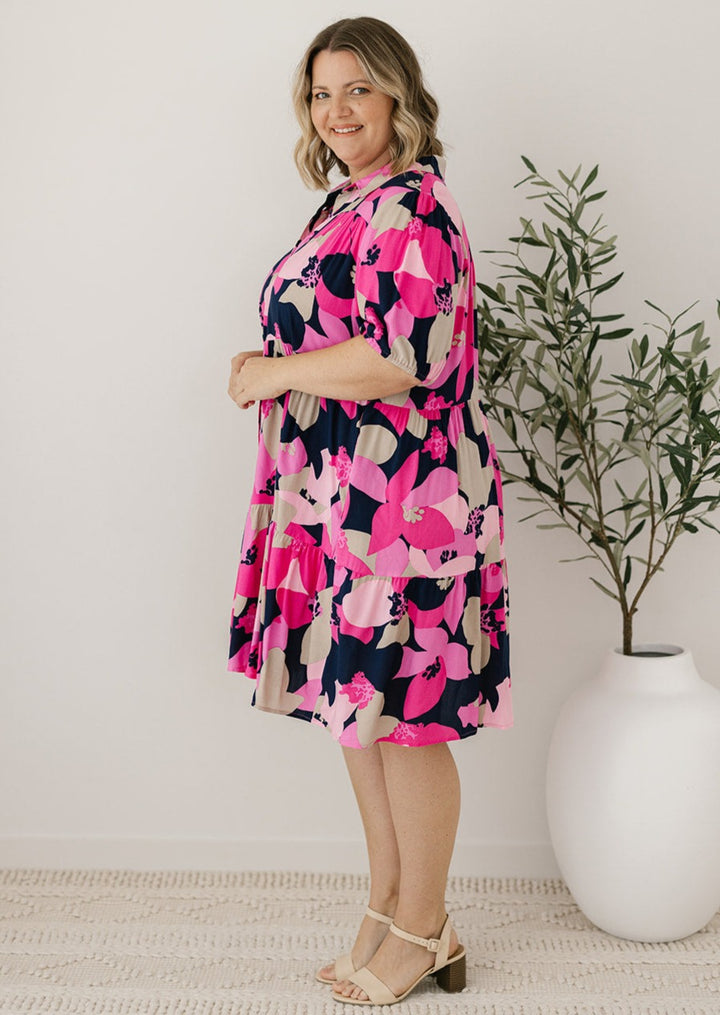 pink floral knee-length shirt dress