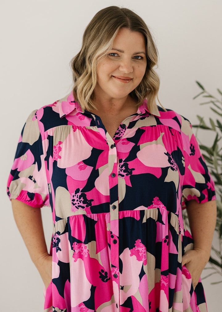 pink floral button-down dress with pockets