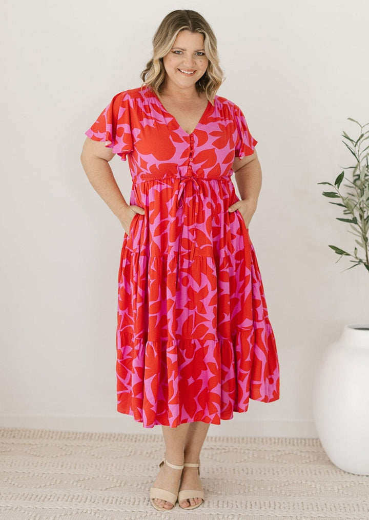 pink and red midi dress