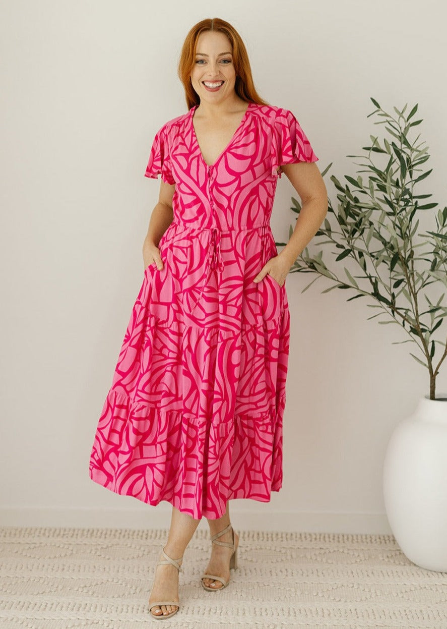 Hot Pink Midi Dress with Flutter Sleeves
