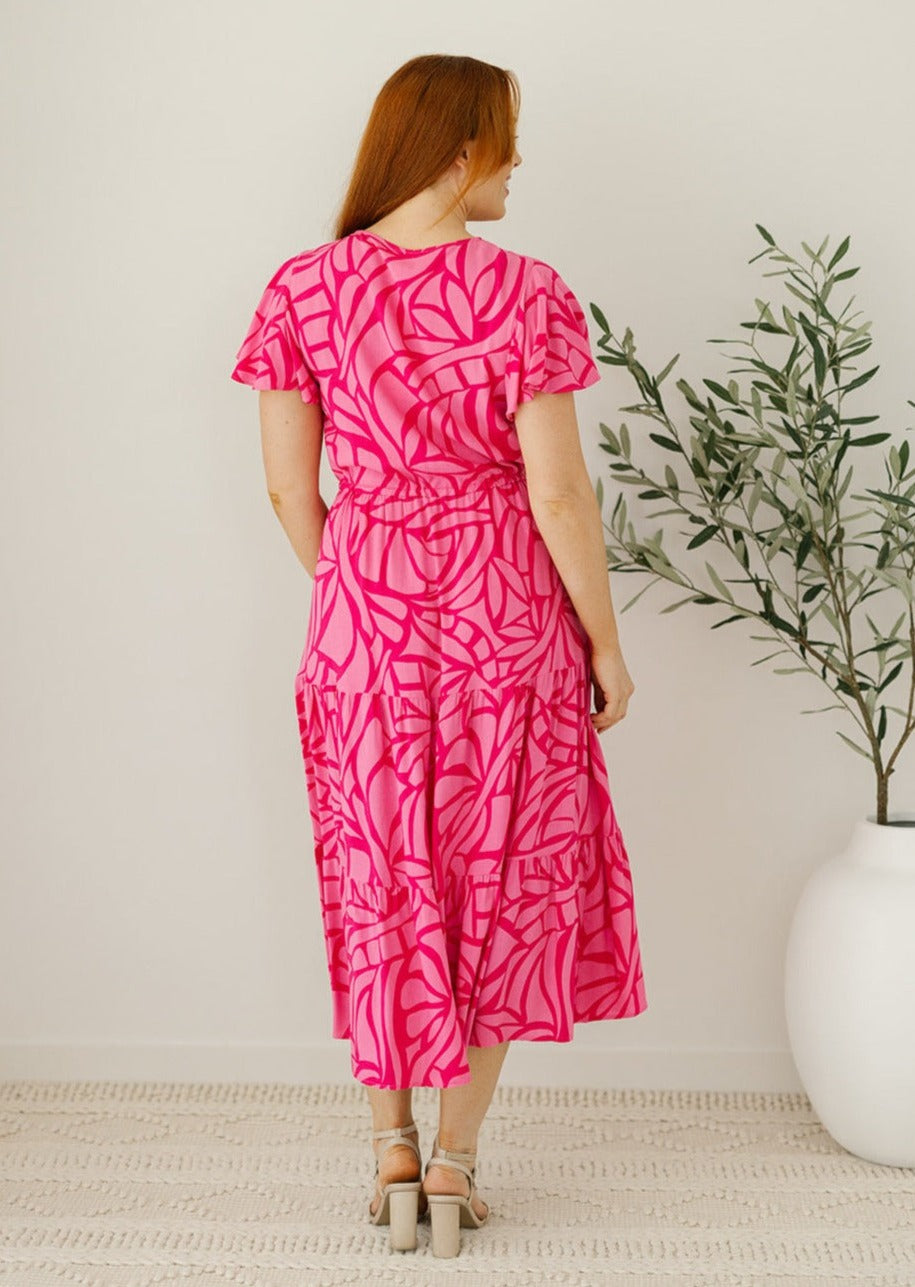 Waist Trimming Hot Pink Midi Dress