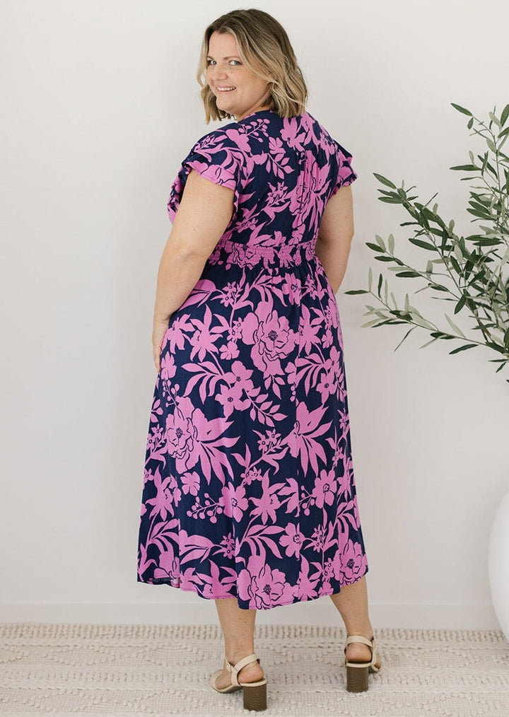 Navy Midi Dress with Flutter Sleeves