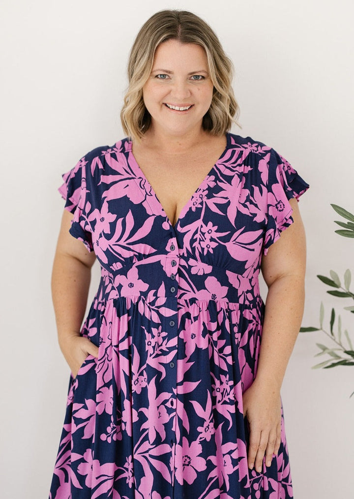 Purple Floral Midi Dress for Plus Size Women