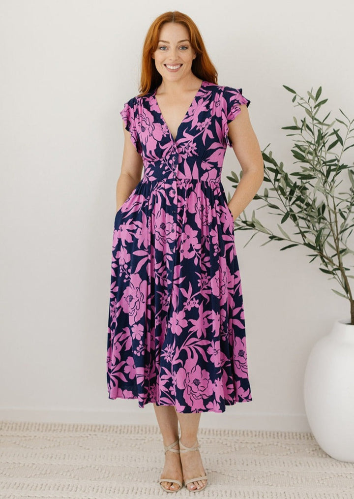 Feminine Navy and Purple Floral Midi Dress