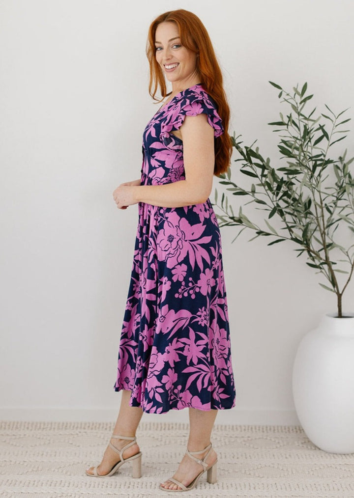 Navy Floral Midi Dress with Pockets