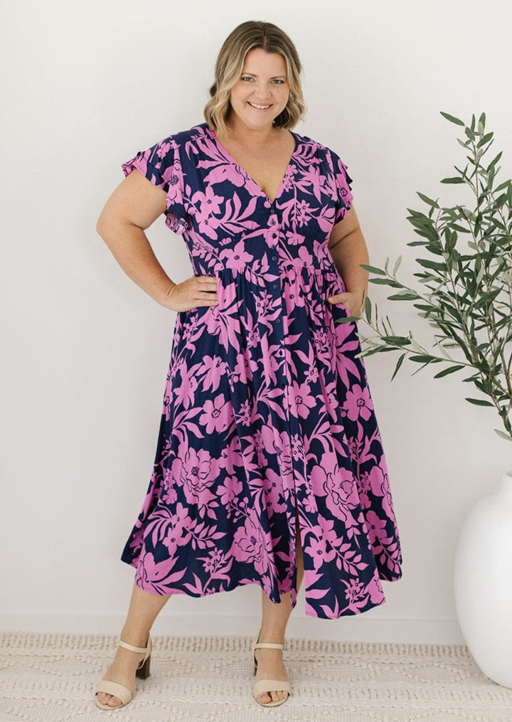 Navy and Purple Floral Midi Dress
