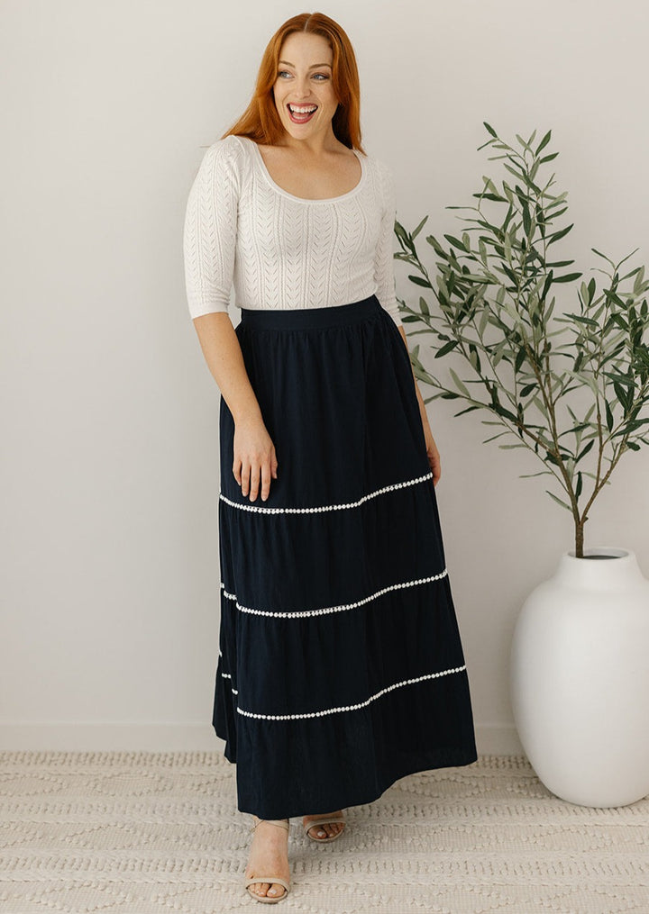 navy and white maxi dress with elastic waist