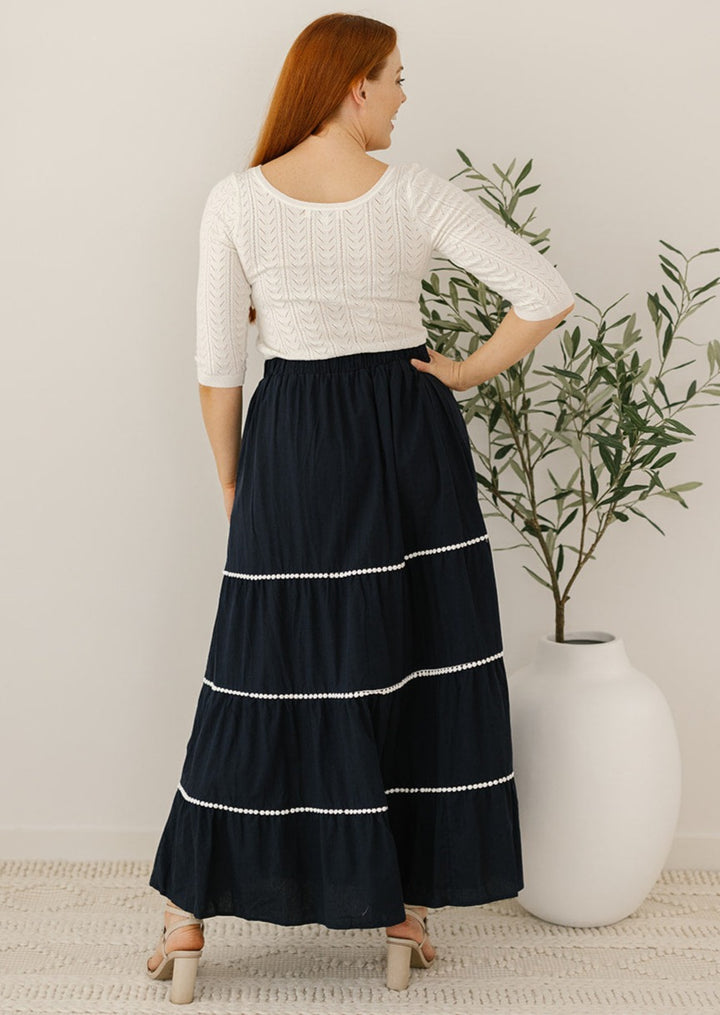 navy cotton maxi skirt with pockets