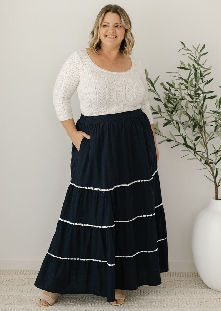navy tiered maxi skirt with pockets