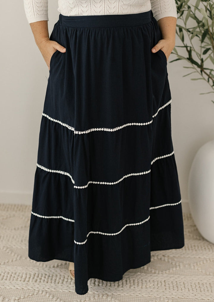 navy maxi skirt with white trim