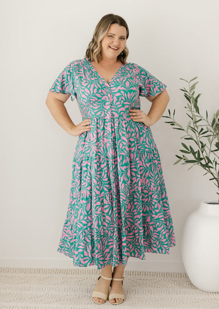 green and pink midi dress for women over 40