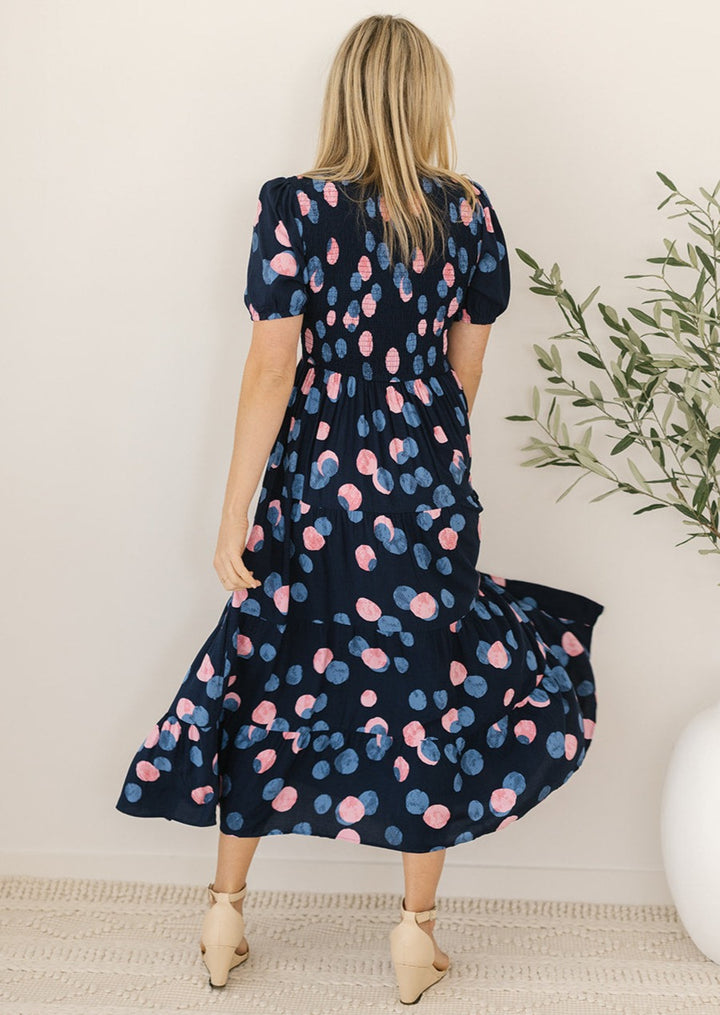 shirred midi dress with pockets