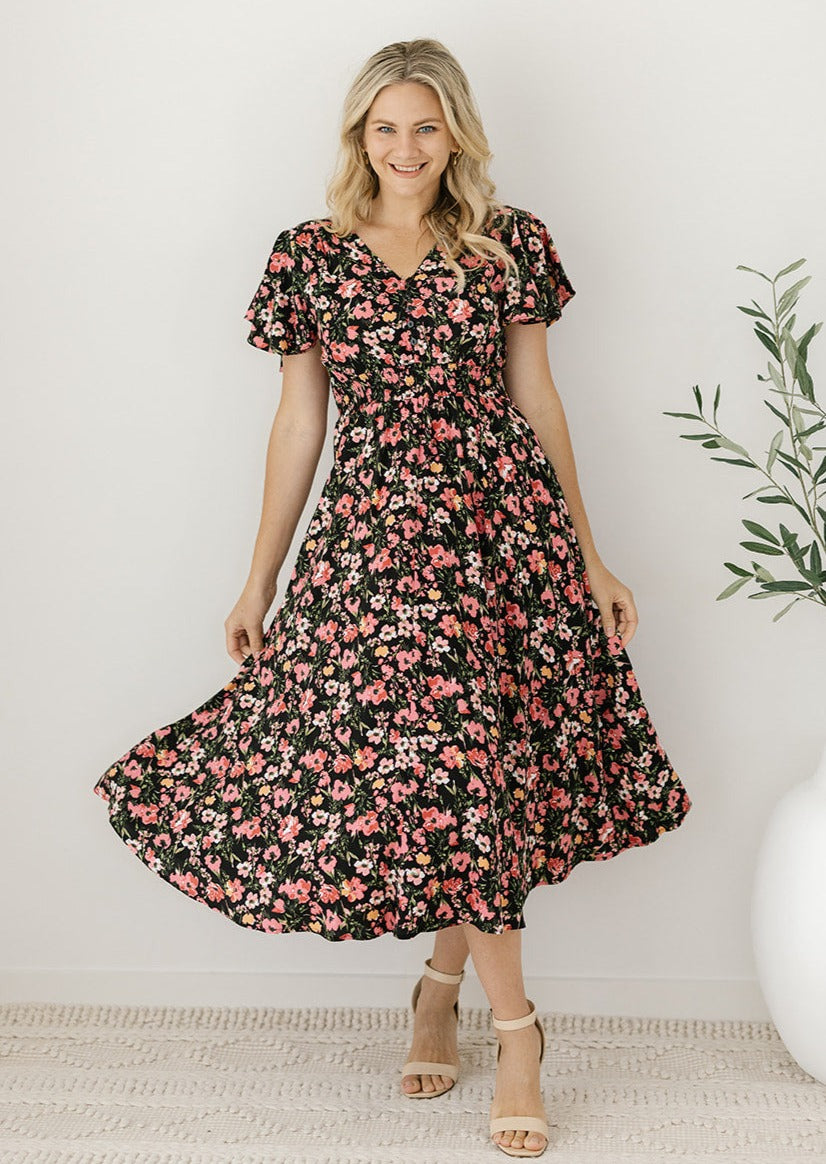 black and pink floral elastic waisted midi dress