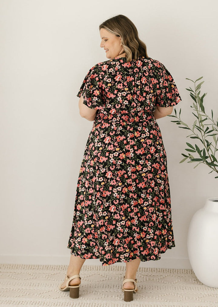 black floral elastic-waisted midi dress with pockets 