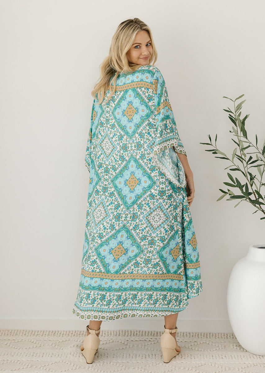 blue and green bohemian kimono for women