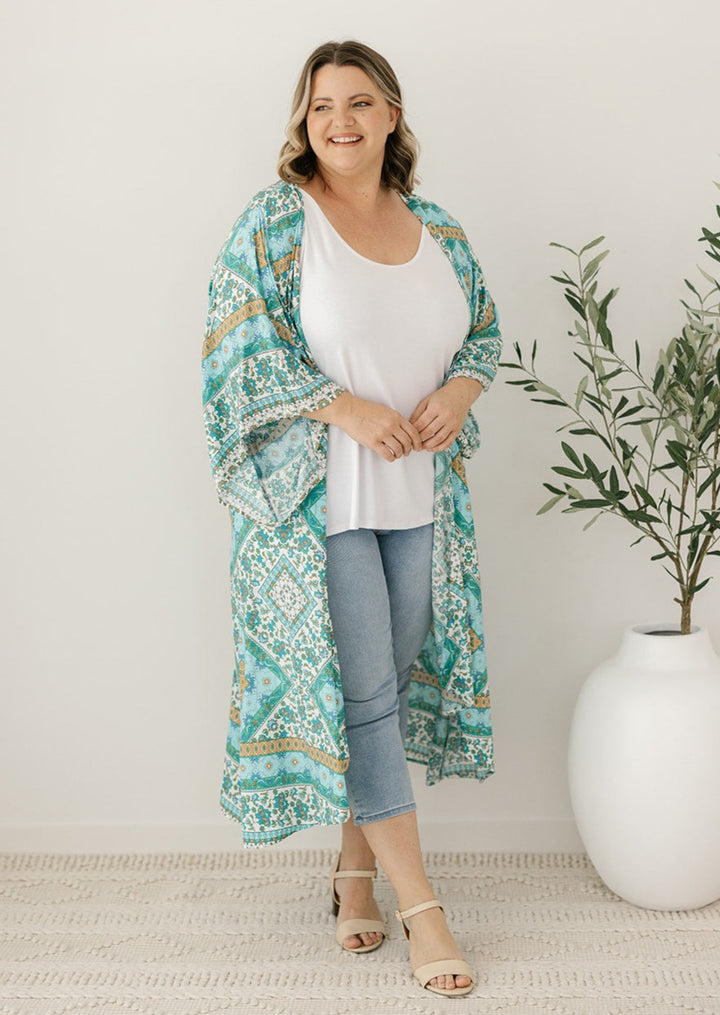 blue and green bohemian kimono for summer