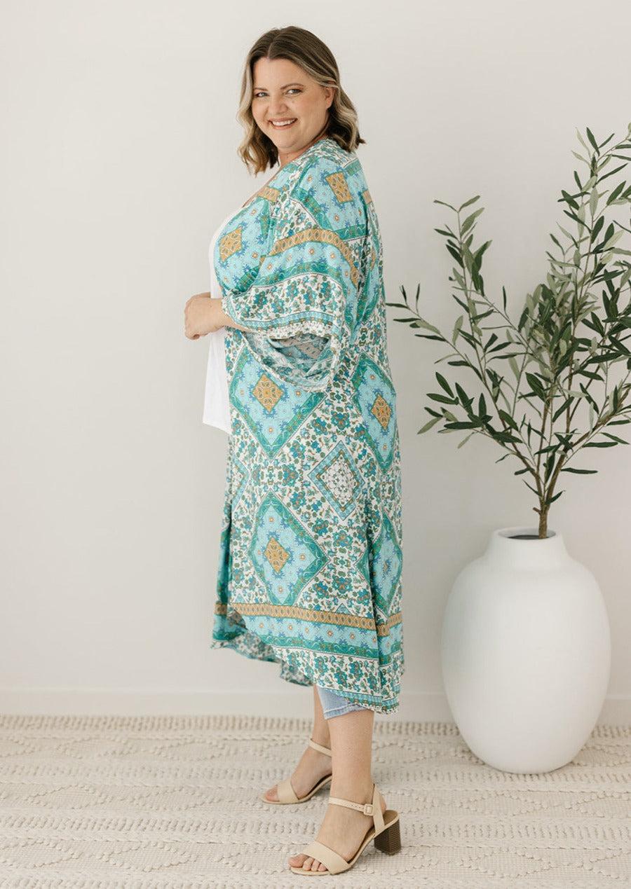 blue and green summer kimono for women over 40
