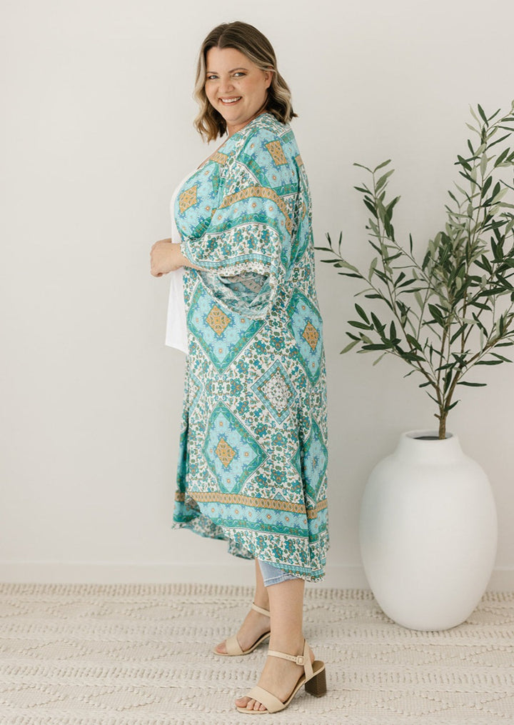 blue and green summer kimono for women over 40