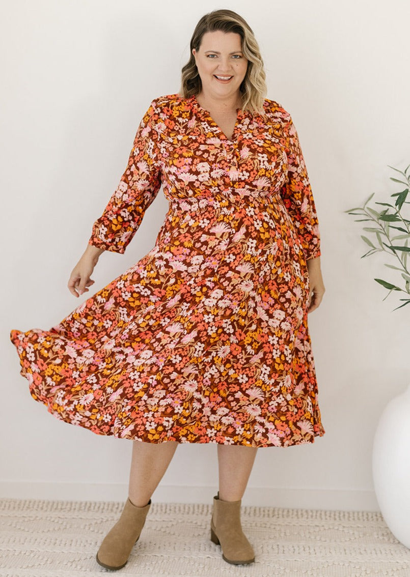 plus-size autumn floral midi dress elastic waist