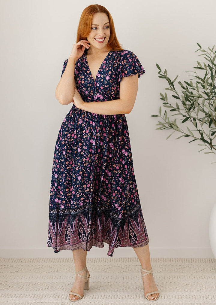 bohemian navy floral midi dress