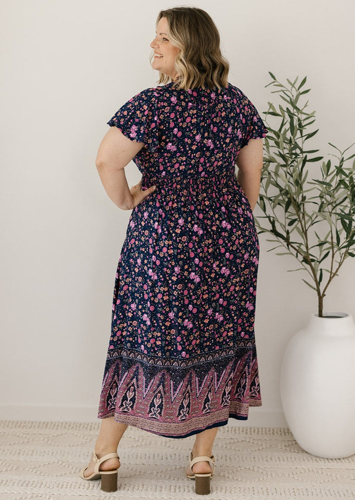 navy and pink floral midi dress for women over 40