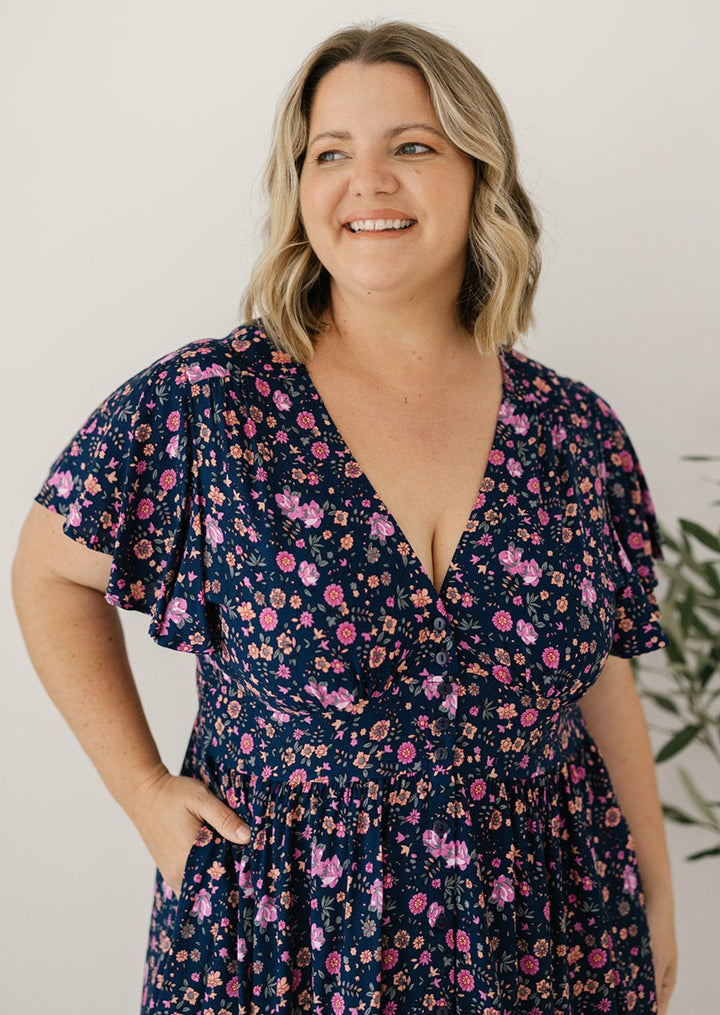 bohemian navy floral midi dress with pockets