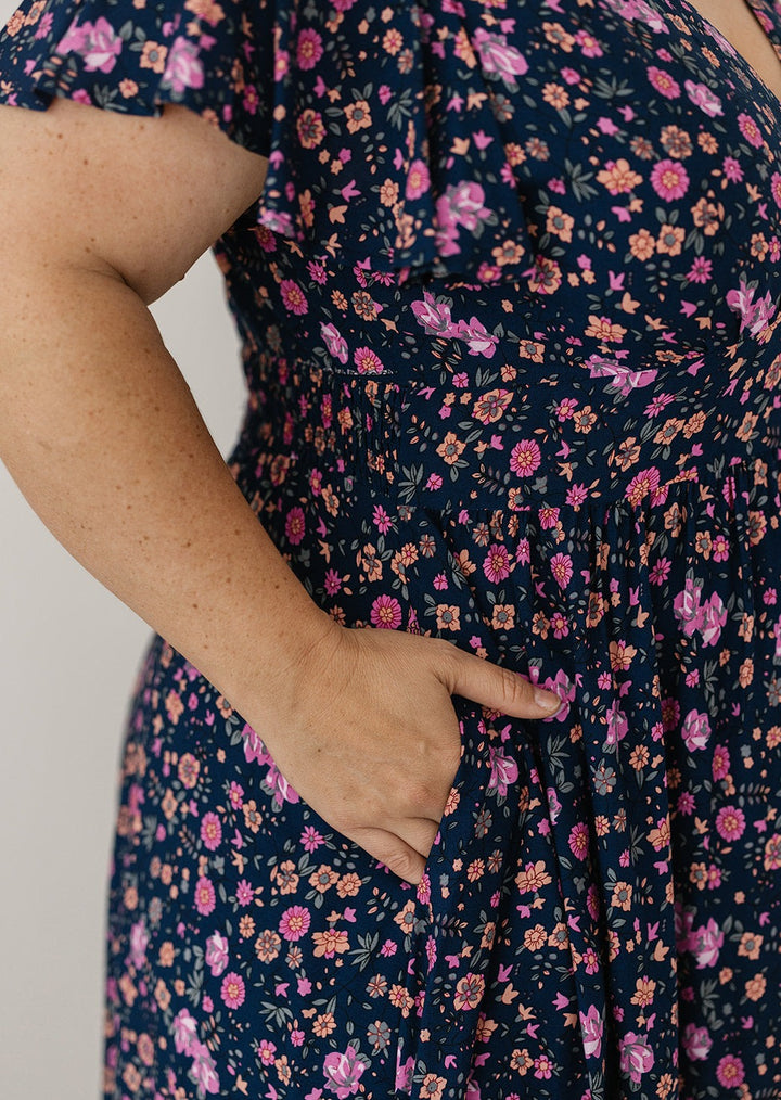 plus-size bohemian floral midi dress with pockets