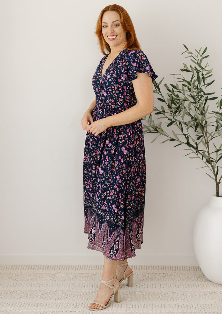 button-down bohemian navy floral midi dress