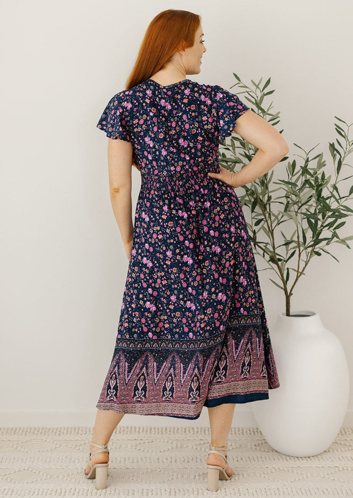 navy spring floral button down midi dress