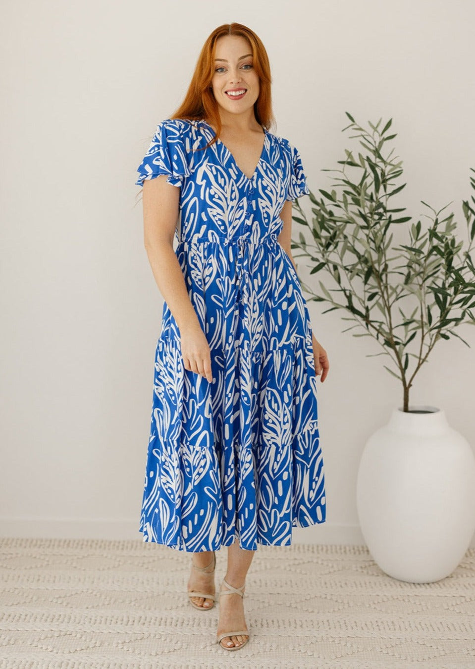 Abstract Blue and White Midi Dress