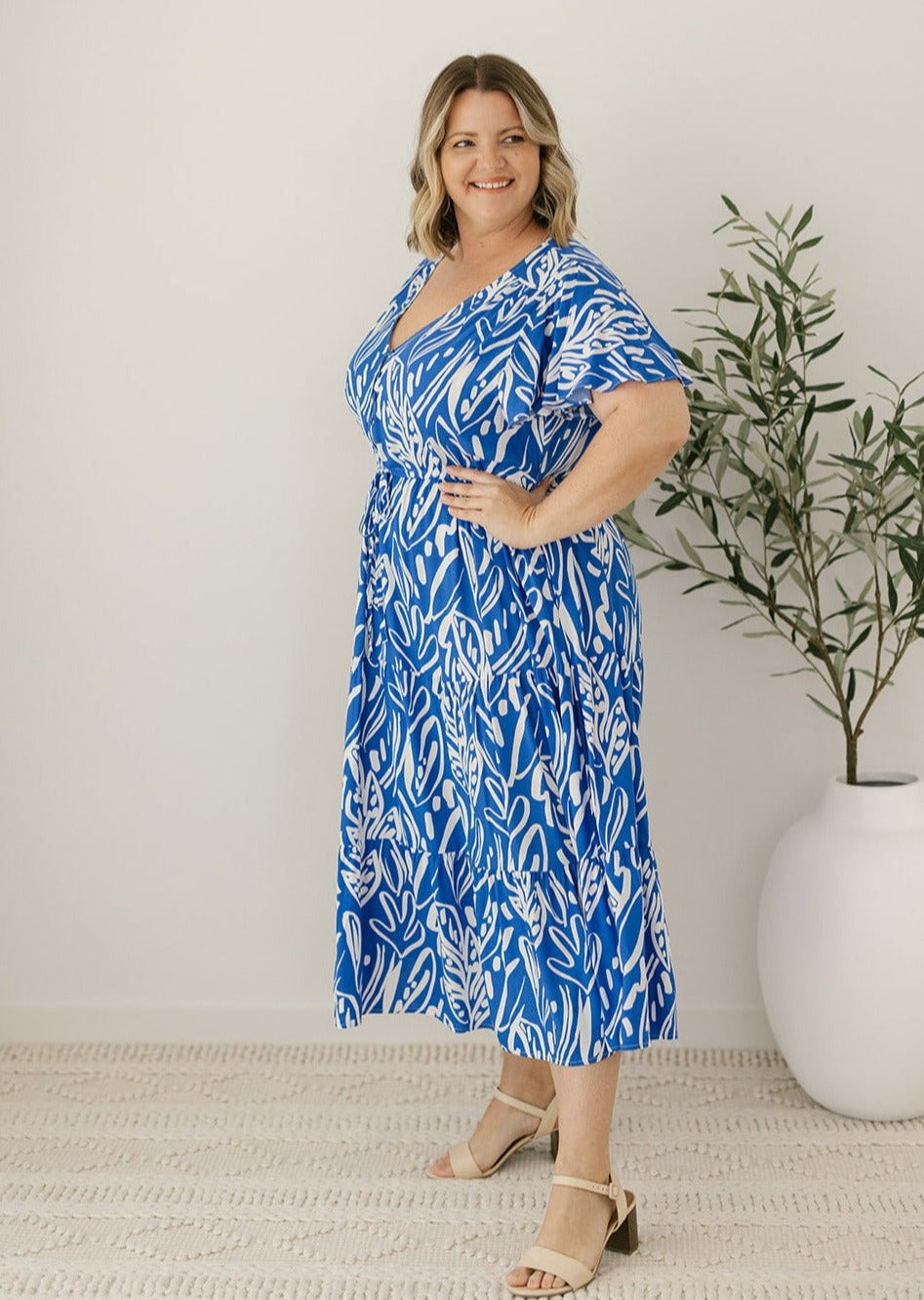 Blue and White Women's Midi Dress