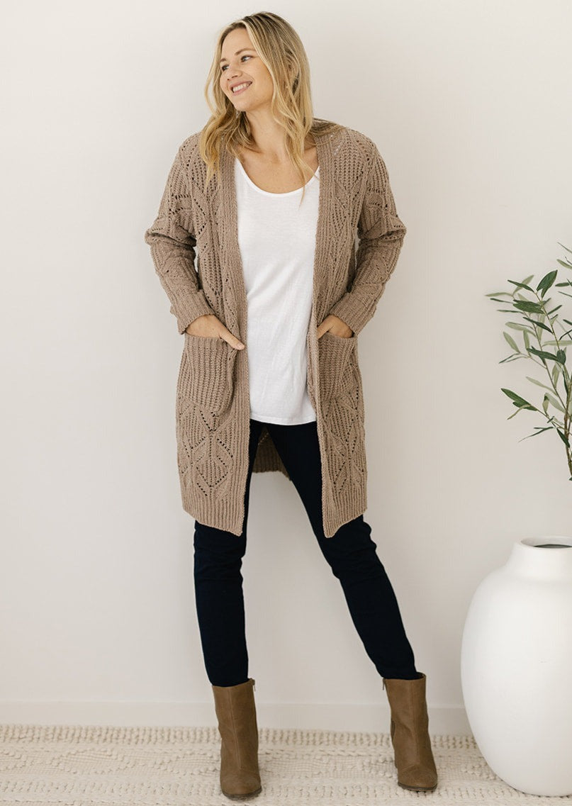 women's taupe cable-knit cardigan with pockets